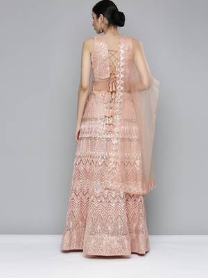 Peach Net Lehenga Choli with Sequins Work 2