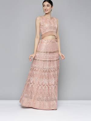 Peach Net Lehenga Choli with Sequins Work 3