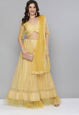 Yellow sequins net semi stitched lehenga 1