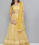 Yellow sequins net semi stitched lehenga
