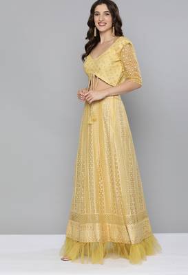 Yellow sequins net semi stitched lehenga 3