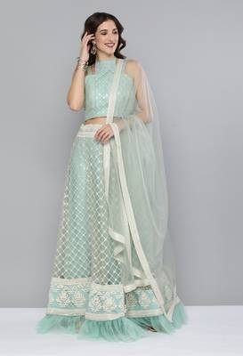 Turquoise sequins net semi stitched lehenga 1