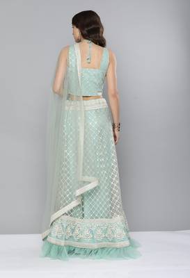 Turquoise sequins net semi stitched lehenga 2