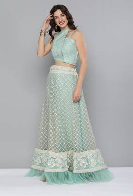 Turquoise sequins net semi stitched lehenga 3