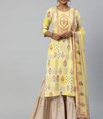 Yellow Printed & Embroidered Cotton Kurta Sharara With Dupatta