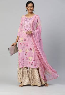 Pink Printed & Embroidered Cotton Kurta Sharara With Dupatta 1