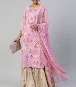 Pink Printed & Embroidered Cotton Kurta Sharara With Dupatta