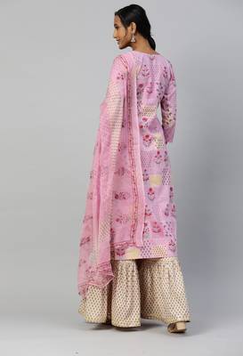 Pink Printed & Embroidered Cotton Kurta Sharara With Dupatta 2