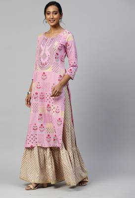 Pink Printed & Embroidered Cotton Kurta Sharara With Dupatta 3