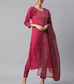 Maroon Foil Printed Gota Patti Work Ruby Cotton Kurta Pant With Dupatta