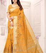 Yellow embroidered cotton silk saree with blouse