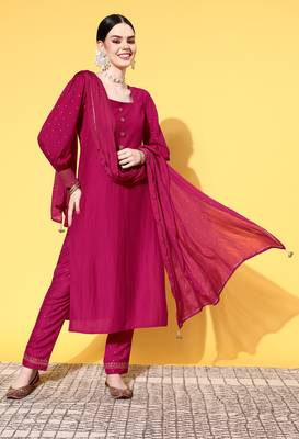 Pink  Solid Butta work Chinon Kurta Pant With Dupatta 1