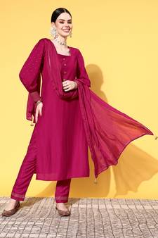 Pink  Solid Butta work Chinon Kurta Pant With Dupatta
