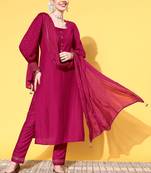 Pink  Solid Butta work Chinon Kurta Pant With Dupatta