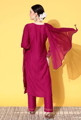 Pink  Solid Butta work Chinon Kurta Pant With Dupatta 2