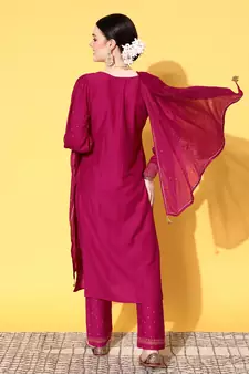 Pink  Solid Butta work Chinon Kurta Pant With Dupatta