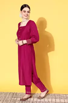 Pink  Solid Butta work Chinon Kurta Pant With Dupatta