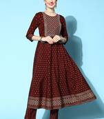 Maroon  Zari Sequence Gota Embroidered Foil Printed Crepe A-Line Kurta Pant Set