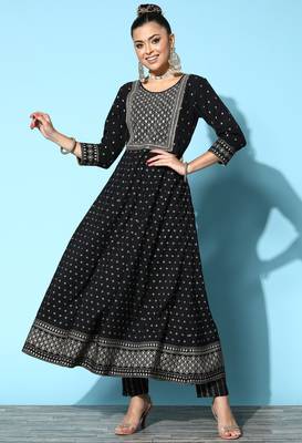 Black Zari Sequence Gota Embroidered Foil Printed Crepe A-Line Kurta Pant Set 1