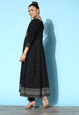 Black Zari Sequence Gota Embroidered Foil Printed Crepe A-Line Kurta Pant Set 2