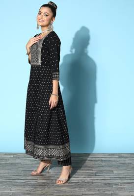 Black Zari Sequence Gota Embroidered Foil Printed Crepe A-Line Kurta Pant Set 3