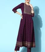 Purple Zari Sequence Gota Embroidered Foil Printed Crepe A-Line Kurta Pant Set
