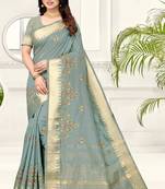 Turquoise embroidered cotton silk saree with blouse