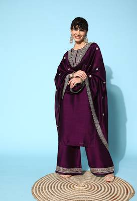Wine  Zari Sequence Embroidered Chinon Silk Kurta Palazzo With Dupatta 1