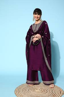 Wine  Zari Sequence Embroidered Chinon Silk Kurta Palazzo With Dupatta