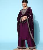 Wine  Zari Sequence Embroidered Chinon Silk Kurta Palazzo With Dupatta