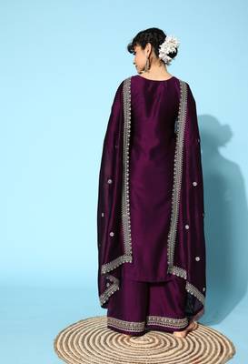 Wine  Zari Sequence Embroidered Chinon Silk Kurta Palazzo With Dupatta 2
