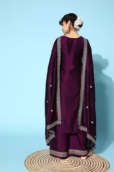 Wine  Zari Sequence Embroidered Chinon Silk Kurta Palazzo With Dupatta