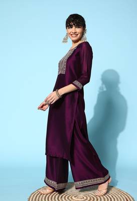 Wine  Zari Sequence Embroidered Chinon Silk Kurta Palazzo With Dupatta 3