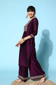 Wine  Zari Sequence Embroidered Chinon Silk Kurta Palazzo With Dupatta