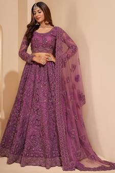 Bashful Pink Wine Coding Embroidered Net & Silk Satin Lehenga Choli For Wedding