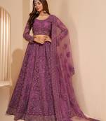 Bashful Pink Wine Coding Embroidered Net & Silk Satin Lehenga Choli For Wedding