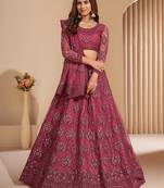 Dark Terra Cotta Rose Pink Coding Embroidered Net & Silk Satin Lehenga Choli For Bride