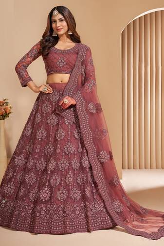 Blast-Off Bronze Brown Coding Embroidered 2-Layer With Net And Silk Satin Semi Stitched Lehenga