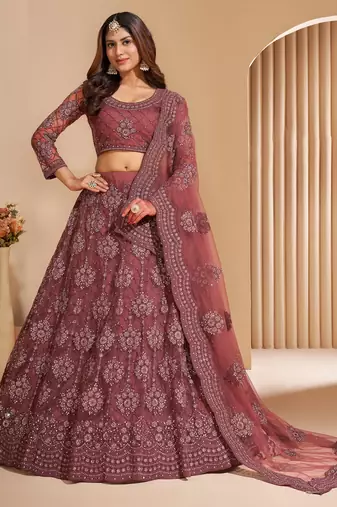 Blast-Off Bronze Brown Coding Embroidered 2-Layer With Net And Silk Satin Semi Stitched Lehenga