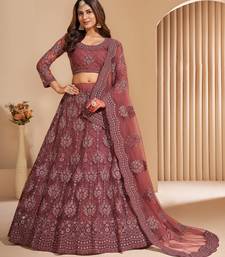 Bronze Brown Coding Embroidered 2-Layer With Net And Silk Satin Semi Stitched Lehenga