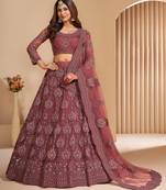 Blast-Off Bronze Brown Coding Embroidered 2-Layer With Net And Silk Satin Semi Stitched Lehenga