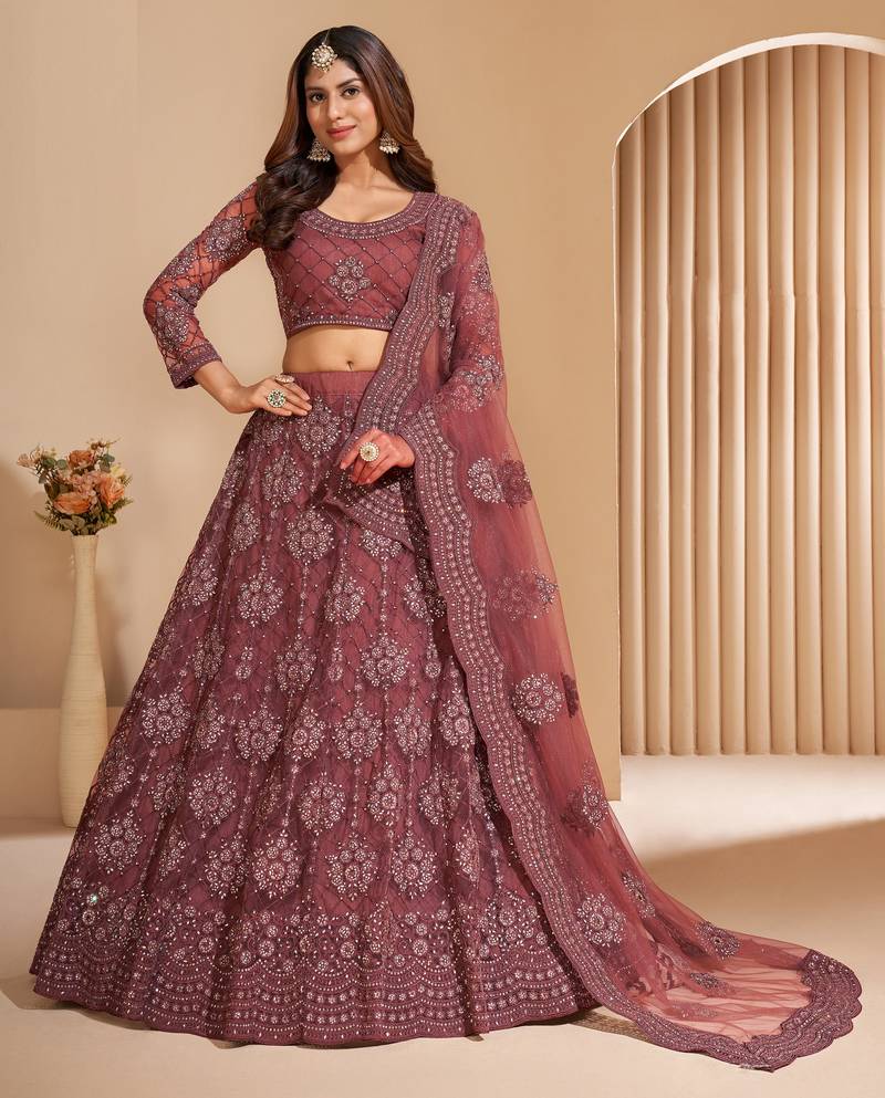 Blast-Off Bronze Brown Coding Embroidered 2-Layer With Net And Silk Satin Semi Stitched Lehenga