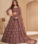 Blast-Off Bronze Brown Coding Embroidered 2-Layer With Net And Silk Satin Semi Stitched Lehenga