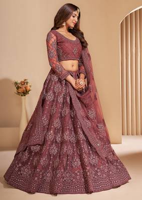Bronze Brown Coding Embroidered 2-Layer With Net And Silk Satin Semi Stitched Lehenga 3