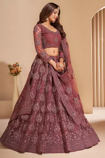 Bronze Brown Coding Embroidered 2-Layer With Net And Silk Satin Semi Stitched Lehenga