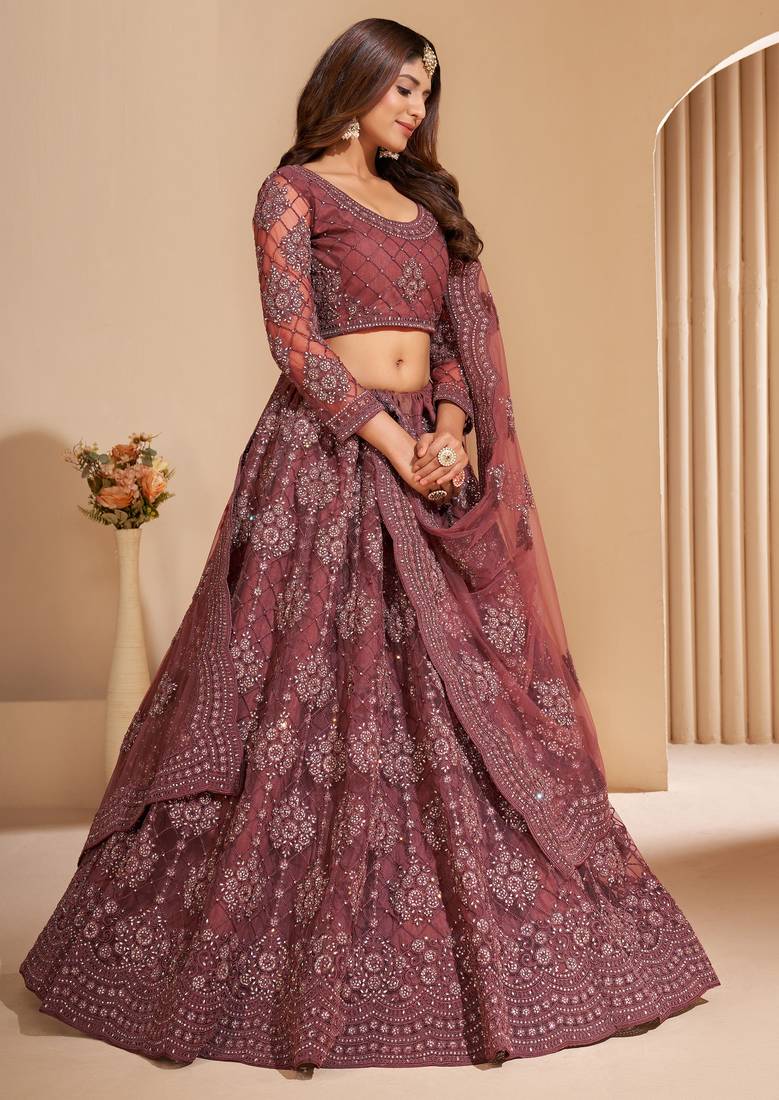 Blast-Off Bronze Brown Coding Embroidered 2-Layer With Net And Silk Satin Semi Stitched Lehenga