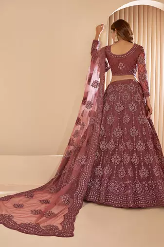 Bronze Brown Coding Embroidered 2-Layer With Net And Silk Satin Semi Stitched Lehenga