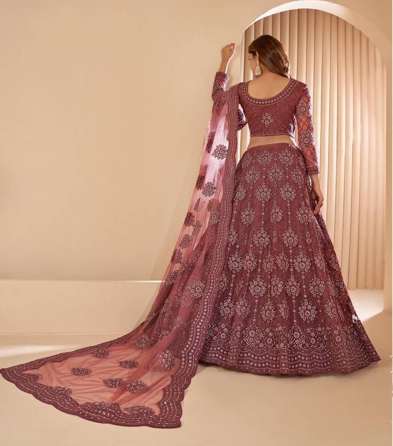Blast-Off Bronze Brown Coding Embroidered 2-Layer With Net And Silk Satin Semi Stitched Lehenga