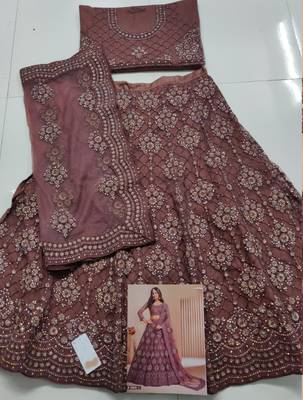 Bronze Brown Coding Embroidered 2-Layer With Net And Silk Satin Semi Stitched Lehenga 5