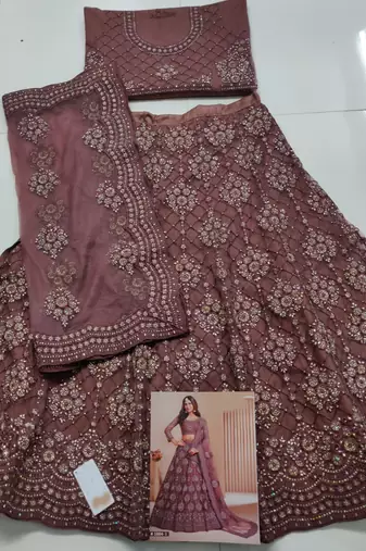 Bronze Brown Coding Embroidered 2-Layer With Net And Silk Satin Semi Stitched Lehenga